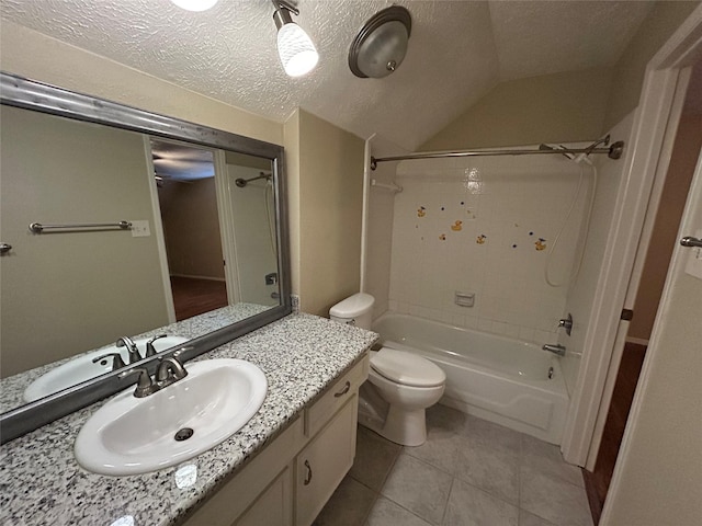 10007 Sagecourt Dr, Houston, TX 77089 - bathroom featuring shower / bathtub combination, vanity, vaulted ceiling, a textured ceiling, and tile patterned floors