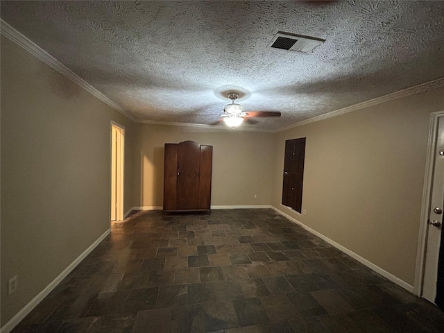 10007 Sagecourt Dr, Houston, TX 77089 - empty room featuring a ceiling fan, ornamental molding, and a textured ceiling