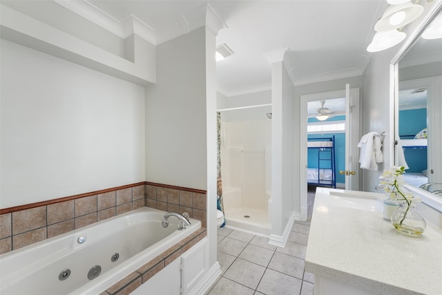 22517 Bay Point Dr, Galveston, TX 77554 - bathroom with a shower stall, vanity, a jetted tub, tile patterned floors, and crown molding