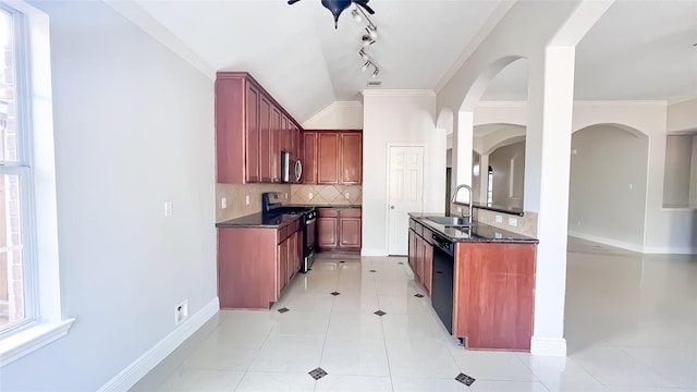 24714 Colonial Maple Dr, Katy, TX 77493 - kitchen with black appliances, reddish brown cabinets, backsplash, ornamental molding, and light tile patterned flooring