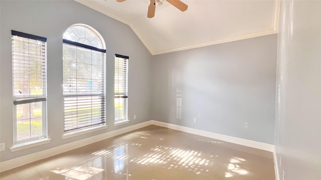 24714 Colonial Maple Dr, Katy, TX 77493 - spare room featuring crown molding, lofted ceiling, and a ceiling fan