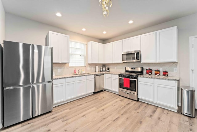 22006 Great Royal Ln, Houston, TX 77073 - kitchen with appliances with stainless steel finishes, white cabinets, light wood-style floors, backsplash, and recessed lighting