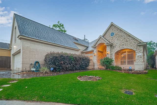 122 Marble Staff Ct, Houston, TX 77069 - view of front of property featuring a front lawn, an attached garage, stone siding, a shingled roof, and brick siding