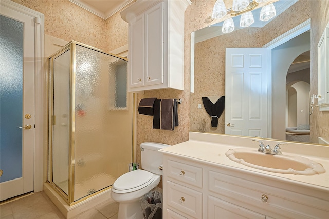 122 Marble Staff Ct, Houston, TX 77069 - bathroom featuring wallpapered walls, a stall shower, vanity, tile patterned floors, and crown molding