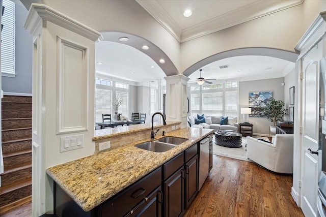 920 Lawrence St Unit D, Houston, TX 77008 - kitchen featuring a ceiling fan, crown molding, dishwasher, dark wood-style floors, and dark brown cabinets
