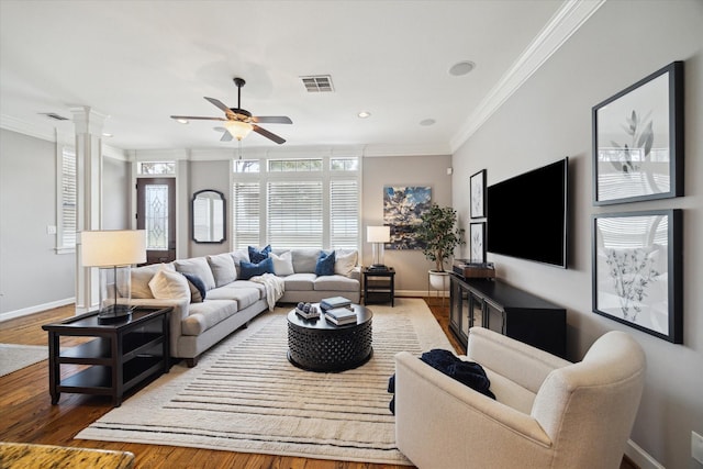 920 Lawrence St Unit D, Houston, TX 77008 - living room featuring ornamental molding, a ceiling fan, wood finished floors, ornate columns, and recessed lighting