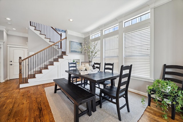 920 Lawrence St Unit D, Houston, TX 77008 - dining room with crown molding, stairway, wood finished floors, and recessed lighting