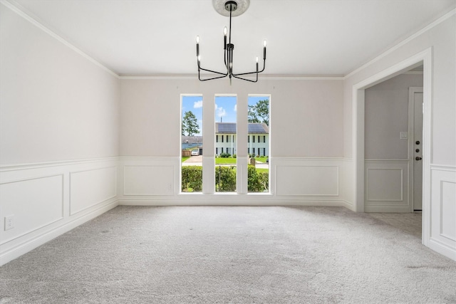 1607 Castlerock Dr, Houston, TX 77090 - carpeted empty room with a chandelier, crown molding, wainscoting, and a decorative wall
