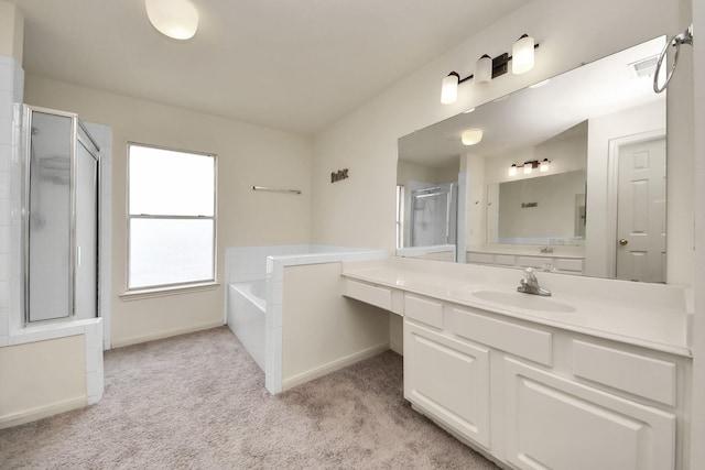 3622 Stratford Town Ln, Sugar Land, TX 77498 - bathroom featuring vanity, a shower with shower door, a garden tub, and carpet floors