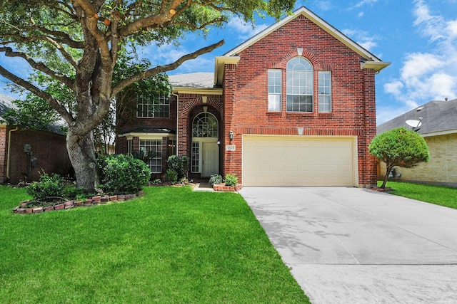 3622 Stratford Town Ln, Sugar Land, TX 77498 - traditional-style home featuring a garage, concrete driveway, brick siding, and a front yard