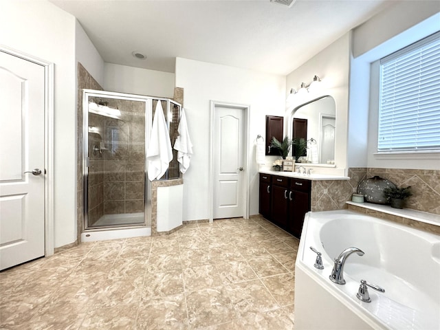 16506 Orchid Mist Dr, Cypress, TX 77433 - bathroom with a bath, vanity, and a shower stall
