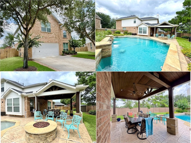 16506 Orchid Mist Dr, Cypress, TX 77433 - view of swimming pool with a fire pit, a ceiling fan, a patio area, and outdoor dining area