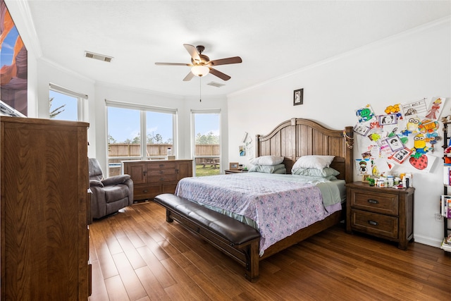 23602 Hawkins Creek Ct, Katy, TX 77494 - bedroom featuring crown molding, dark wood-style floors, ceiling fan, and access to outside