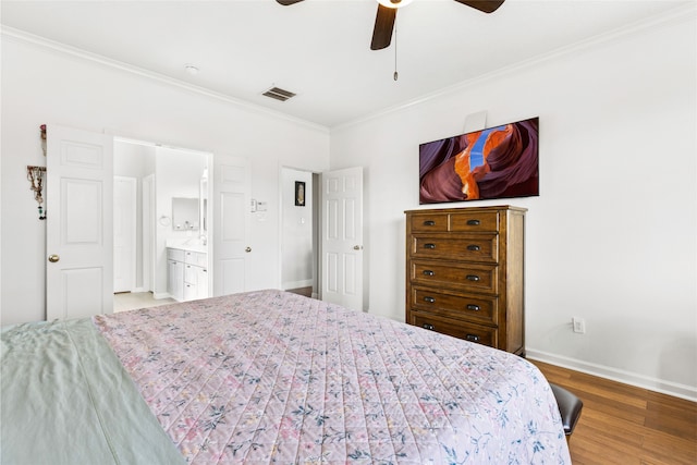 23602 Hawkins Creek Ct, Katy, TX 77494 - bedroom featuring crown molding, wood finished floors, ceiling fan, and ensuite bathroom