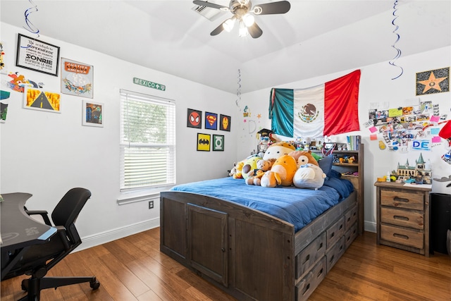23602 Hawkins Creek Ct, Katy, TX 77494 - bedroom with wood finished floors, an office area, lofted ceiling, and ceiling fan