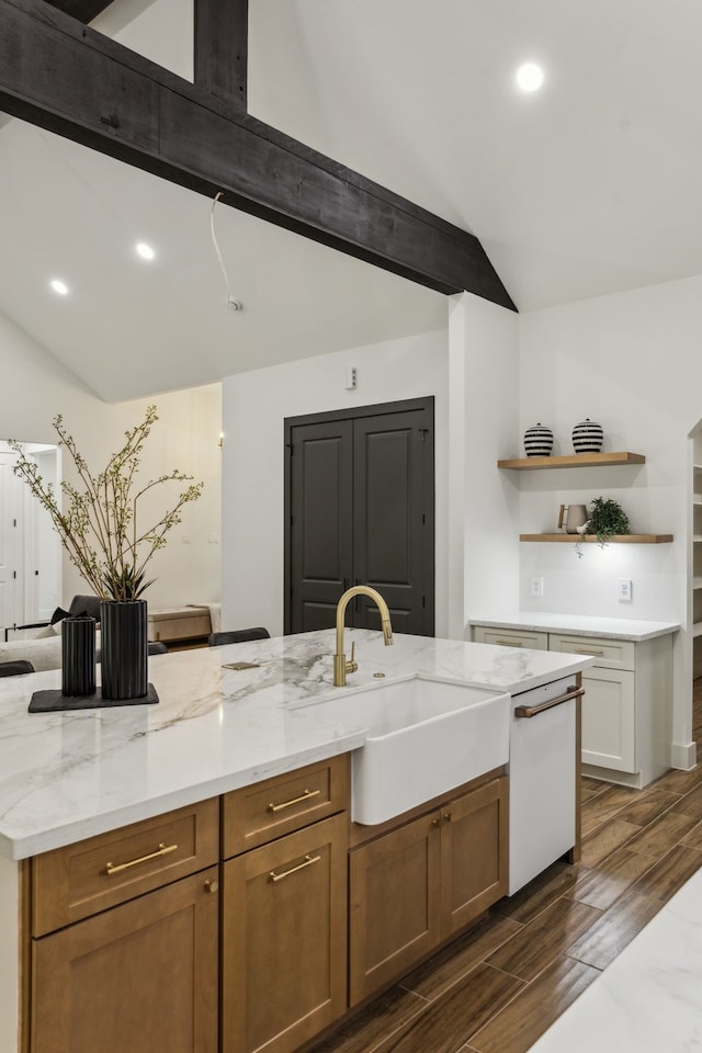 1265 Rd 66112, Dayton, TX 77535 - kitchen featuring open shelves, white dishwasher, light stone counters, recessed lighting, and dark wood finished floors