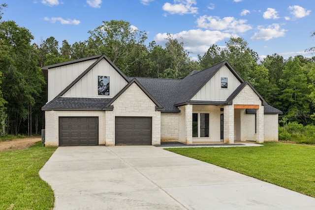 1265 Rd 66112, Dayton, TX 77535 - modern farmhouse featuring board and batten siding, driveway, a garage, roof with shingles, and a front yard