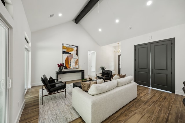 1265 Rd 66112, Dayton, TX 77535 - living room featuring beam ceiling, recessed lighting, high vaulted ceiling, wood finished floors, and a chandelier