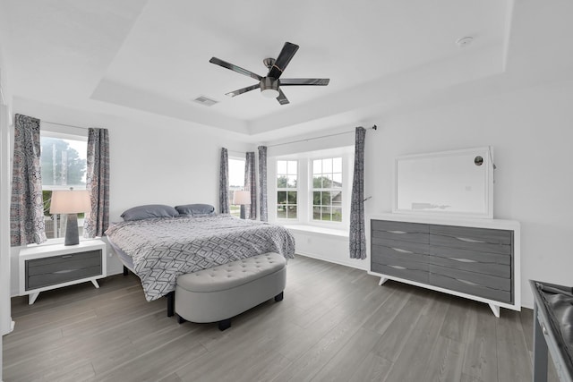 19210 Kent Park Dr, Tomball, TX 77375 - bedroom with a raised ceiling, wood finished floors, multiple windows, and a ceiling fan