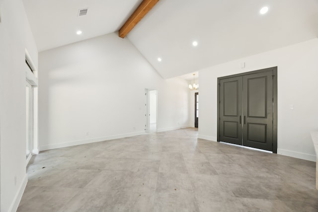 1253 Rd 66112, Dayton, TX 77535 - spare room featuring beamed ceiling, a chandelier, high vaulted ceiling, and recessed lighting