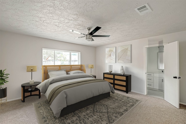 2330 Grindstone Ln, Sugar Land, TX 77498 - bedroom with light carpet, a textured ceiling, a ceiling fan, and connected bathroom