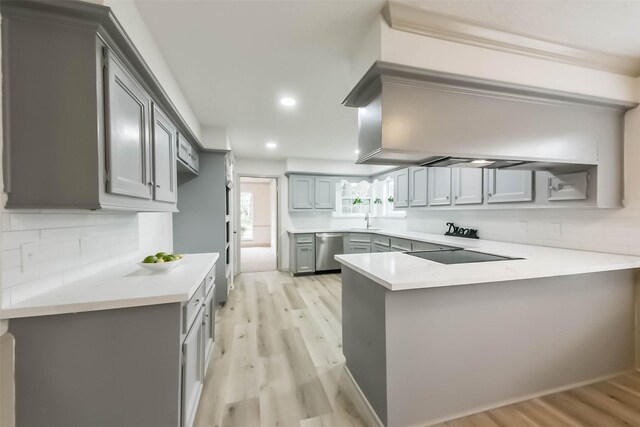 4214 Brightwood Dr, Houston, TX 77068 - kitchen featuring stainless steel dishwasher, a peninsula, black electric cooktop, light wood-style flooring, and decorative backsplash