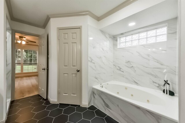 4214 Brightwood Dr, Houston, TX 77068 - full bathroom with plenty of natural light, a whirlpool tub, crown molding, tile patterned flooring, and ceiling fan