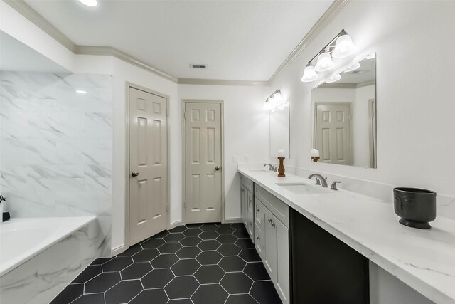 4214 Brightwood Dr, Houston, TX 77068 - bathroom with double vanity, a tub with marble appearance, tile patterned floors, and crown molding