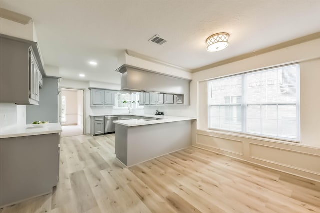 4214 Brightwood Dr, Houston, TX 77068 - kitchen with a peninsula, gray cabinetry, light wood finished floors, dishwasher, and light countertops