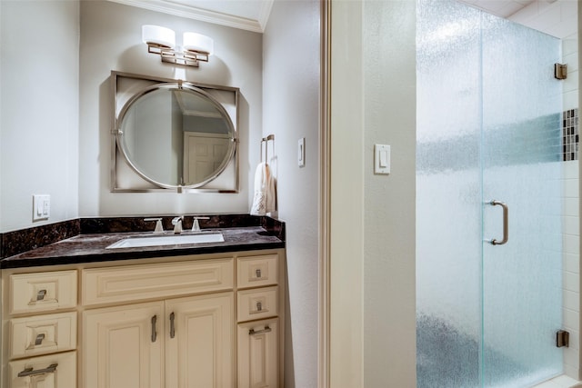 510 Commodore Way, Houston, TX 77079 - bathroom featuring ornamental molding, a stall shower, and vanity