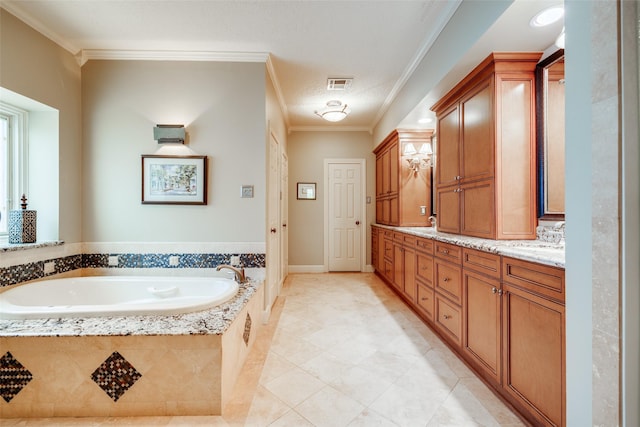 510 Commodore Way, Houston, TX 77079 - bathroom with a garden tub, double vanity, crown molding, and tile patterned flooring