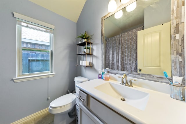 3515 Cactus Field Ln, Katy, TX 77449 - bathroom featuring vanity, vaulted ceiling, and a shower with shower curtain