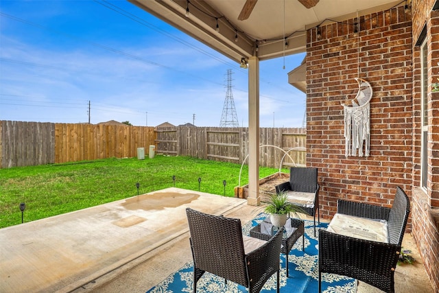 3515 Cactus Field Ln, Katy, TX 77449 - fenced backyard with ceiling fan, a patio, and an outdoor living space