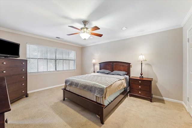 5082 Augusta St, Houston, TX 77007 - bedroom with light colored carpet, crown molding, and ceiling fan