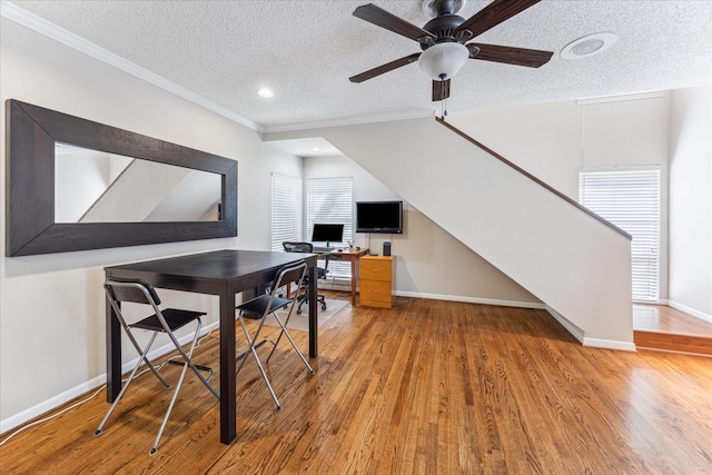 5082 Augusta St, Houston, TX 77007 - office space with a textured ceiling, ornamental molding, wood finished floors, a ceiling fan, and recessed lighting