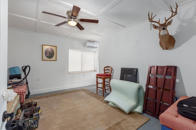 27724 Colapis Dr, Splendora, TX 77372 - living area with a wall mounted air conditioner, a ceiling fan, and concrete floors