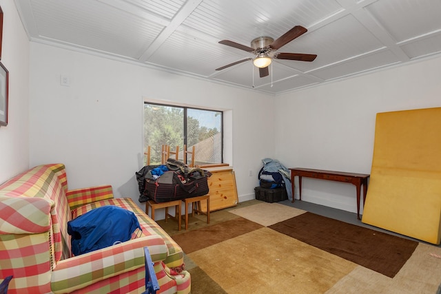 27724 Colapis Dr, Splendora, TX 77372 - bedroom with carpet flooring, ceiling fan, and coffered ceiling
