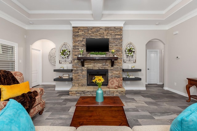 27724 Colapis Dr, Splendora, TX 77372 - living room featuring arched walkways, a fireplace, ornamental molding, and a tray ceiling