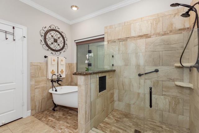27724 Colapis Dr, Splendora, TX 77372 - bathroom featuring a shower stall, a soaking tub, crown molding, and tile walls