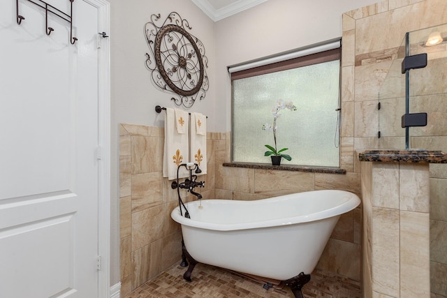27724 Colapis Dr, Splendora, TX 77372 - bathroom with tile walls, a freestanding tub, crown molding, and a wainscoted wall