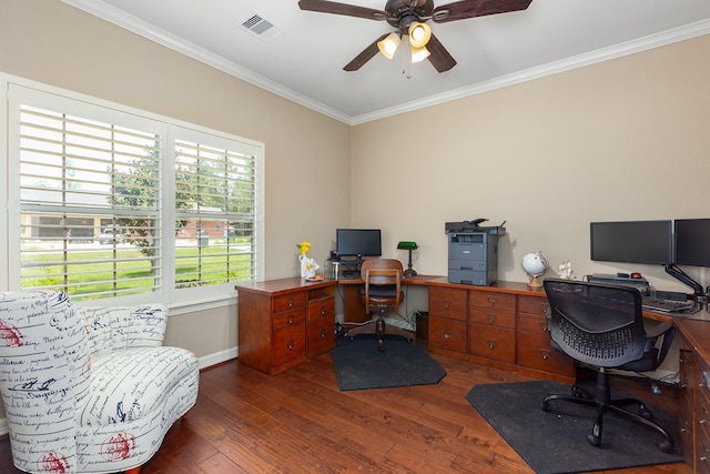 27724 Colapis Dr, Splendora, TX 77372 - office space with crown molding, hardwood / wood-style flooring, and a ceiling fan