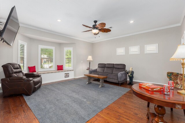 27724 Colapis Dr, Splendora, TX 77372 - living room with wood-type flooring, a ceiling fan, crown molding, and recessed lighting