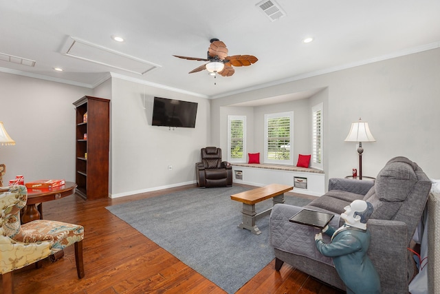 27724 Colapis Dr, Splendora, TX 77372 - living room with attic access, ceiling fan, ornamental molding, wood finished floors, and recessed lighting