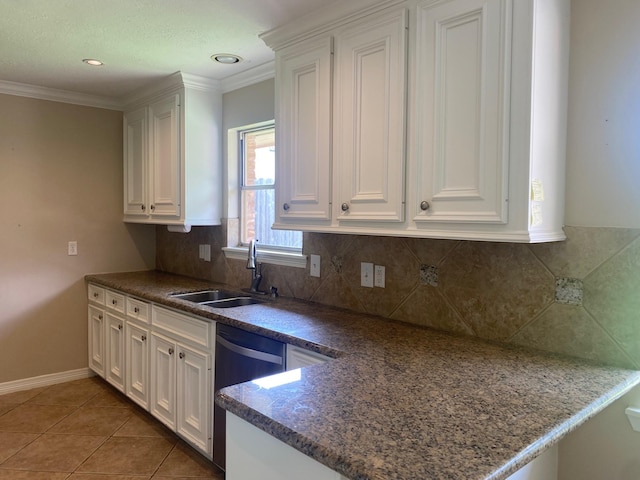 6220 Queenswood Ln, Houston, TX 77008 - kitchen featuring dishwasher, white cabinetry, backsplash, light tile patterned floors, and dark countertops