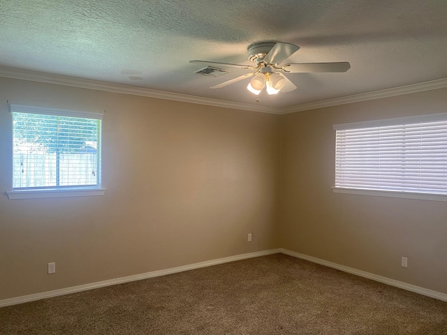 6220 Queenswood Ln, Houston, TX 77008 - carpeted spare room featuring a ceiling fan, crown molding, and a textured ceiling