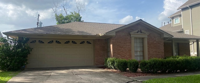 6220 Queenswood Ln, Houston, TX 77008 - ranch-style house featuring brick siding, driveway, a garage, and roof with shingles