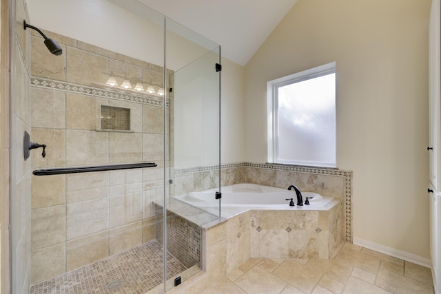 5022 Coral Gables Dr, Houston, TX 77069 - bathroom with a bath, a stall shower, and lofted ceiling