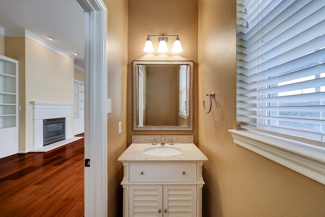 5022 Coral Gables Dr, Houston, TX 77069 - bathroom featuring wood finished floors, vanity, a glass covered fireplace, and ornamental molding