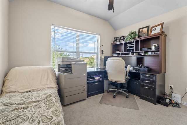 24111 Auburn Woods Ct, Porter, TX 77365 - home office featuring ceiling fan, light colored carpet, and lofted ceiling