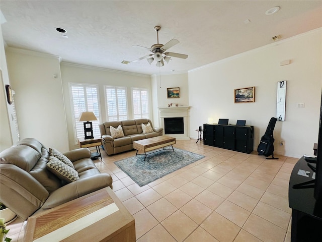 8018 Stoneyway Dr, Houston, TX 77040 - living room featuring light tile patterned floors, ceiling fan, a fireplace, and crown molding